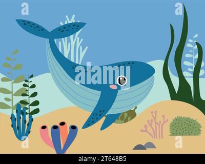 Monde sous-marin coloré avec des baleines parmi les algues et les rochers, illustration de dessin animé vectoriel Illustration de Vecteur