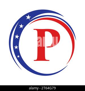 Lettre P America logo drapeau américain. Conception patriotique de logo américain sur le modèle de lettre P. Illustration de Vecteur