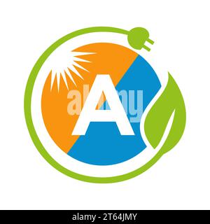 Lettre A concept de conception de logo d'énergie solaire avec modèle de vecteur de panneau solaire de soleil, de feuille et de prise électrique Illustration de Vecteur