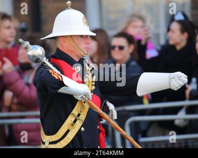 Londres, Royaume-Uni. 7 novembre 2023. Première ouverture officielle du Parlement pour le roi Charles III depuis son couronnement. Une fanfare militaire à Whitehall. Banque D'Images