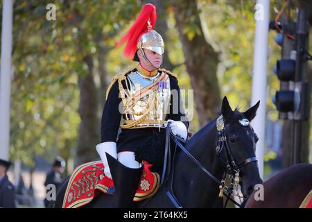 Londres, Royaume-Uni. 7 novembre 2023. Première ouverture officielle du Parlement pour le roi Charles III depuis son couronnement. Les gardes du roi retournent au palais de Buckingham. Banque D'Images