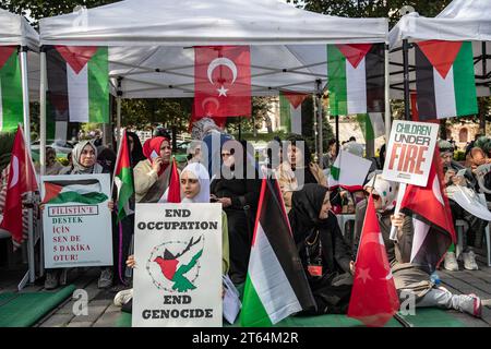 Istanbul, Turquie. 08 novembre 2023. Des femmes portant des pancartes et des drapeaux participent à une manifestation de sit-in. L'Initiative de solidarité avec les femmes palestiniennes se poursuit le 8e jour de la manifestation sit-in de 15 jours sur la place Sultanahmet. (Photo Onur Dogman/SOPA Images/Sipa USA) crédit : SIPA USA/Alamy Live News Banque D'Images