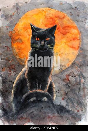 Chat noir avec des yeux orange est assis sur le fond de la lune orange, il est plein - peinture peinte à la main, aquarelle, peintures à l'eau Banque D'Images