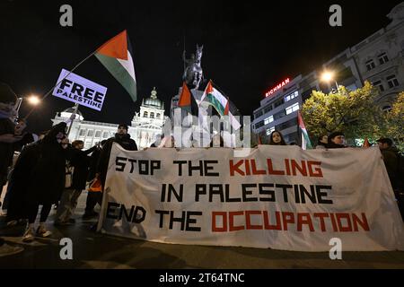 Prague, République tchèque. 08 novembre 2023. Manifestation et marche en soutien aux Palestiniens à Prague, République tchèque, le 7 novembre 2023. L'événement a été organisé par l'initiative pas en notre nom! - Pour une paix juste au Moyen-Orient. Crédit : Katerina Sulova/CTK photo/Alamy Live News Banque D'Images