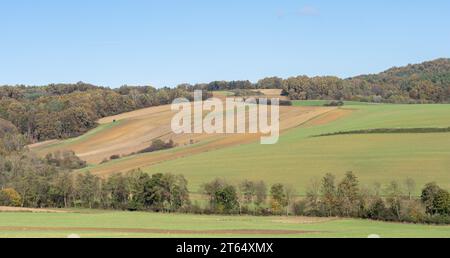 Ambiance automnale, terres agricoles et paysage vallonné, vue panoramique, pays montagneux du sud-est de la Styrie, Styrie, Autriche Banque D'Images