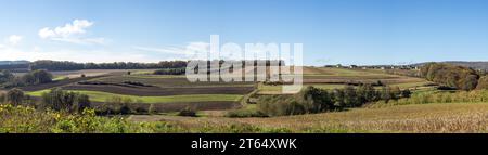 Ambiance automnale, terres agricoles et paysage vallonné, vue panoramique, pays montagneux du sud-est de la Styrie, Styrie, Autriche Banque D'Images