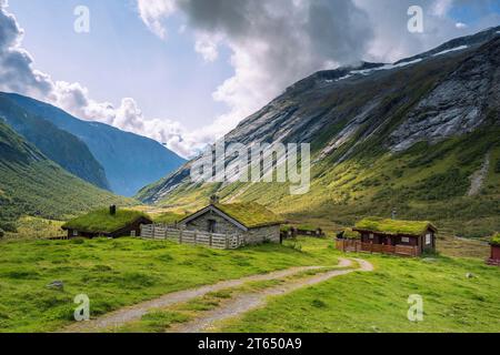 Cabanes traditionnelles avec toits en herbe dans la vallée de montagne, Skjerdingsdalssaetra, Stryn, Norvège Banque D'Images