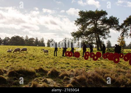 Silhouettes de soldat en métal et coquelicots dans le STAND AVEC GÉANTS installation artistique du jour du souvenir à Stowe Gardens, Buckinghamshire, Angleterre 11/2023 Banque D'Images