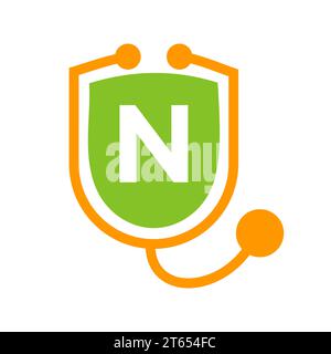 Lettre N logo Healthcare. Docteur et logotype médical sur le concept de lettre N avec le signe de stéthoscope Shield Illustration de Vecteur