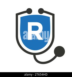 Lettre R logo Healthcare. Docteur et logotype médical sur le concept de la lettre R avec le signe de stéthoscope Shield Illustration de Vecteur