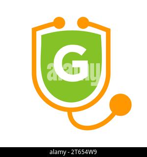 Lettre G logo Healthcare. Docteur et logotype médical sur le concept de lettre G avec le signe de stéthoscope Shield Illustration de Vecteur