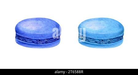 Macarons français traditionnels. Biscuits aux amandes bleues, gâteau au macaron. Baies sucrées, dessert aux fruits. Délicieuse douceur avec de la crème. Illustration à l'aquarelle Banque D'Images