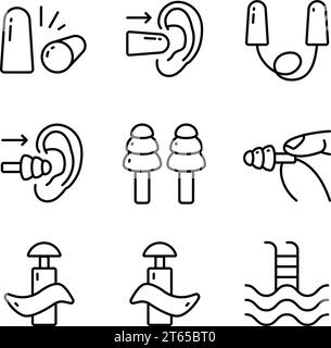 Les icônes des bouchons d'oreilles définissent le vecteur de contour. Dispositif antibruit. Protection des bouchons d'oreilles. Illustration vectorielle simple. Illustration de Vecteur