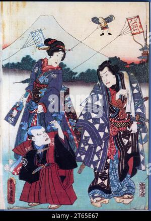 Japonais avec leurs cerfs-volants. XIX ème siècle. Kunisada Banque D'Images