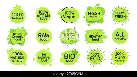 Végétalien éco-alimentaire, bio bio, 100 pour cent frais. Nourriture naturelle saine. Produit brut. Ensemble d'emblème alimentaire, étiquettes. Vecteur Illustration de Vecteur