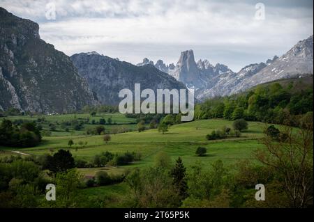 Vue panoramique sur Naranjo de Bulnes ou PICU Urriellu, pic calcaire datant de l'ère paléozoïque, situé dans la région centrale de Macizo de Picos de Europa, m Banque D'Images