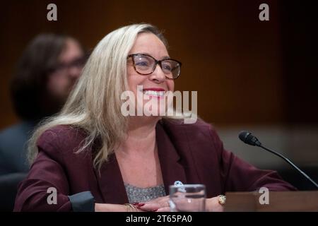 Shellie R. Chard, directrice, Division de la qualité de l'eau, Département de la qualité de l'environnement de l'Oklahoma répond aux questions lors d'une audience du Comité sénatorial de l'environnement et des travaux publics pour examiner l'accès à l'aide à l'infrastructure d'eau potable, en mettant l'accent sur les petites communautés rurales, défavorisées et mal desservies, dans le bâtiment du Sénat Dirksen à Washington, DC, mercredi 8 novembre 2023. Copyright : xRodxLamkeyx/xCNPx/MediaPunchx Banque D'Images