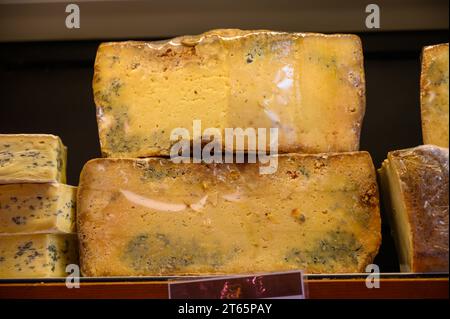 Différents fromages asturiens à base de vache, de chèvre et de mouton melk exposés dans la fromagerie fermiers, Asturies, Espagne du Nord, en gros plan Banque D'Images