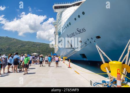 Les passagers de croisière débarquent du navire de croisière Royal Caribbean allure of the Seas sur la péninsule côtière privée de Royal Caribbean de Labadee, en Haïti Banque D'Images