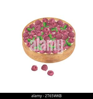 Tarte, gâteau, cheesecake aux framboises et feuilles vertes en forme de décoration, isolé sur un fond blanc. Illustration à l'aquarelle. Modèle Banque D'Images
