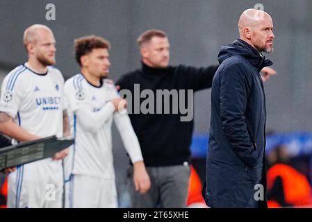 Parken 8 novembre 2023. L'entraîneur néerlandais de Manchester United Erik Ten Hag lors du match de football entre le FC Copenhague et Manchester United à Parken le 8 novembre 2023. Banque D'Images