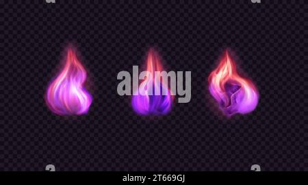 Ensemble de flammes étincelantes vectorielles. Style réaliste. Boules de feu violettes brillantes isolées sur fond transparent Illustration de Vecteur