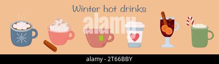 Ensemble avec différentes boissons chaudes d'hiver, chocolat chaud, café, thé, vin chaud, cacao, illustration vectorielle Illustration de Vecteur