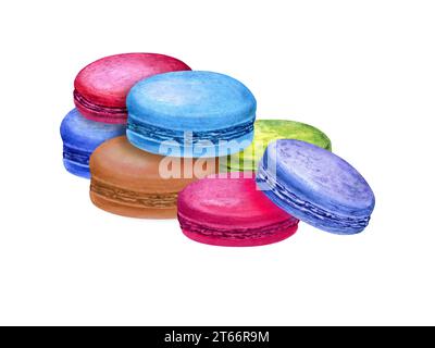Composition avec des macarons traditionnels français. Biscuits aux amandes colorés, gâteau au macaron. Baies sucrées, dessert aux fruits. Illustration à l'aquarelle. Pour l'emballage Banque D'Images