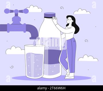 Femme avec de l'eau du concept de ligne vectorielle de robinet Illustration de Vecteur