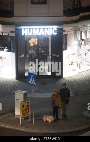 Un couple d'hommes et de femmes et leur chien se promènent devant le magasin Humanic, Vienne Autriche la nuit en hiver, photographiés depuis un grand bâtiment Banque D'Images