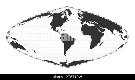 Carte du monde vectorielle. Projection parabolique Craster. Carte géographique du monde simple avec des lignes de latitude et de longitude. Centré sur une longitude de 60 deg E. Vecteur Illustration de Vecteur