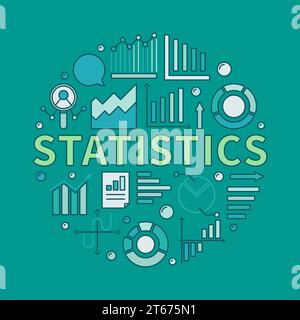 Illustration ronde de statistiques colorées - signe circulaire vectoriel avec STATISTIQUES de mot et graphique, icônes de diagramme sur fond vert Illustration de Vecteur