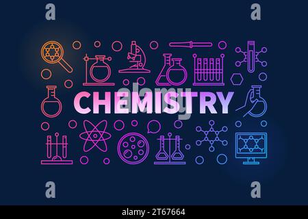 Illustration colorée de chimie - vecteur de science créative fond fait avec LA CHIMIE DE mot et des icônes chimiques sur fond sombre Illustration de Vecteur
