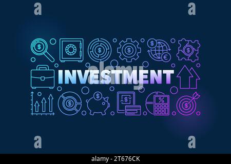 Illustration de l'investissement financier. Bannière de concept d'affaires de vecteur faite avec L'INVESTISSEMENT de mot et des icônes d'argent dans le style de ligne mince sur fond sombre Illustration de Vecteur