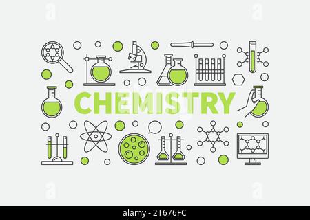 Illustration de chimie moderne. Fond de science créative de vecteur fait avec LA CHIMIE DE mot vert et des signes chimiques sur fond blanc Illustration de Vecteur