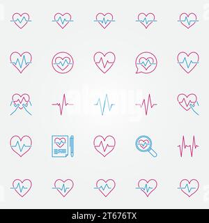 Jeu d'icônes de contour coloré de battement de coeur. Symboles créatifs ou éléments de logo du cycle cardiaque vectoriel ou de l'impulsion Illustration de Vecteur