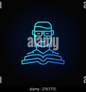 Homme avec une icône linéaire de vecteur bleu de livre ou un élément de logo sur fond sombre Illustration de Vecteur