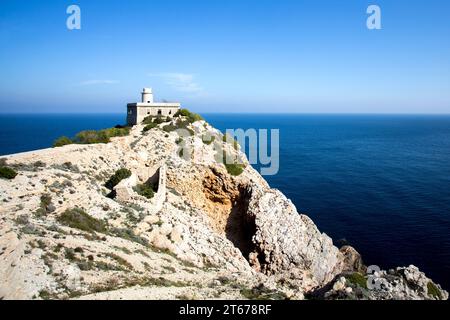 Le phare de Punta Grossa est un phare désaffecté et abandonné situé sur la côte nord-est de l’île d’Ibiza. Banque D'Images