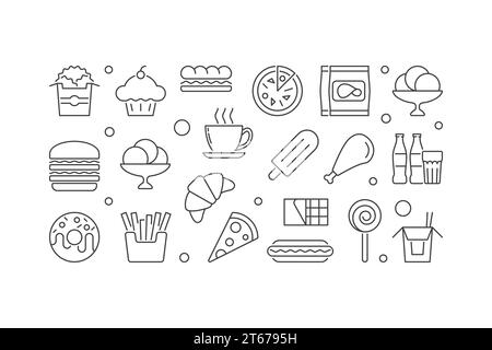 Illustration horizontale de restauration rapide. Bannière de concept de consommation malsaine de vecteur dans le style de ligne mince sur fond blanc Illustration de Vecteur