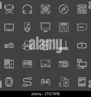 Icônes de contour de gadgets électroniques - ensemble vectoriel de différents symboles de concept de dispositifs modernes ou des éléments de logo sur fond sombre Illustration de Vecteur