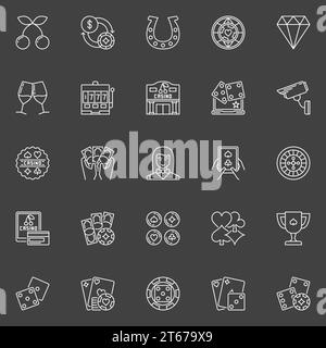 Collection d'icônes de casino. Signes de contour de jeu vectoriel. Jetons de poker, cartes, croupier, symboles de machine à sous sur fond sombre Illustration de Vecteur