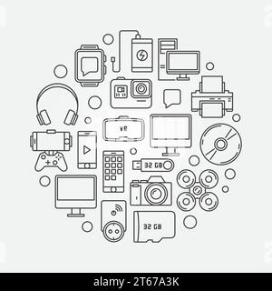 Gadgets concept illustration ronde. Symbole créatif vectoriel fait avec des icônes d'objets de technologie moderne dans le style de ligne mince Illustration de Vecteur