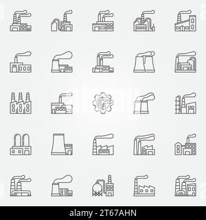 Jeu d'icônes d'usine - signes de concept de bâtiments industriels vectoriels ou éléments de logo dans le style de ligne mince Illustration de Vecteur