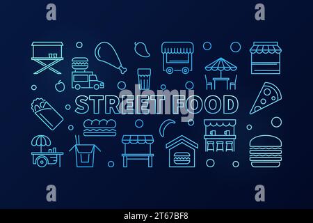 Bannière horizontale bleue pour la nourriture de rue. Illustration de contour de concept de vecteur sur fond sombre Illustration de Vecteur