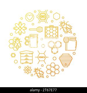 Illustration ronde de ligne jaune de vecteur miel et apiculture. Abeille, abeille, nid d'abeille, rucher, fleur, icônes de contour de pot de miel en forme de cercle sur blanc Illustration de Vecteur