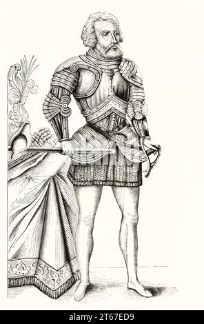 Vieux portrait gravé de Hernan Cortés (1485 – 1547) Conquistador espagnol. Par auteur non identifié, publ. Sur magasin pittoresque, Paris, 1851 Banque D'Images