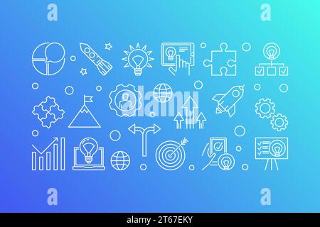 Bannière horizontale de concept de vecteur de démarrage d'entreprise. Illustration de démarrage faite avec des icônes de démarrage dans le style de ligne mince sur fond bleu Illustration de Vecteur