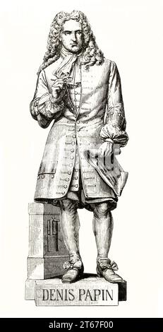 Ancienne reproduction gravée d’une statue représentant Denis Papin (1647 – 1713), scientifique français. D'après Calmels, publ. Sur magasin pittoresque, Paris, 1851 Banque D'Images