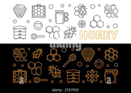 Ensemble de bannières horizontales linéaires créatives de vecteur miel et apiculture Illustration de Vecteur