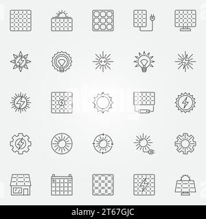 Icônes d'énergie solaire définies. Vector Sun et concept de panneau solaire signes d'énergie alternative dans le style de ligne mince Illustration de Vecteur